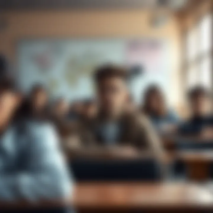 A worried individual sits at a desk in a classroom, surrounded by classmates who appear unfriendly. The atmosphere feels tense and intimidating.