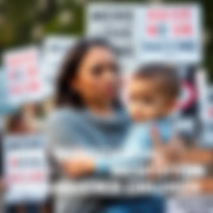 A worried parent holding a child with a background of protest signs against vaccine mandates, highlighting fears about public health risks associated with Transcendental Meditation endorsements.