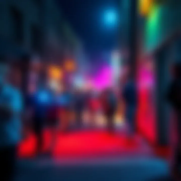 Concert Evacuation Scene People fleeing a concert venue in Sydney, navigating dark streets with flashlights, while a playful lollypop fight breaks out in an alley.