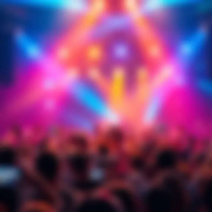 A crowd enjoying a rock concert under bright stage lights, capturing the lively atmosphere of the event.