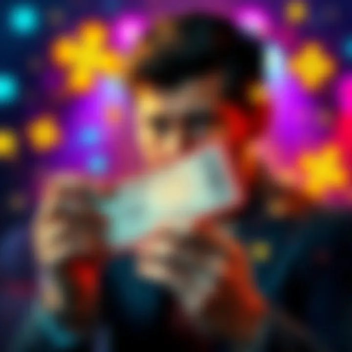 A person looking frustrated while holding a concert ticket, surrounded by symbols of luck and magic spells