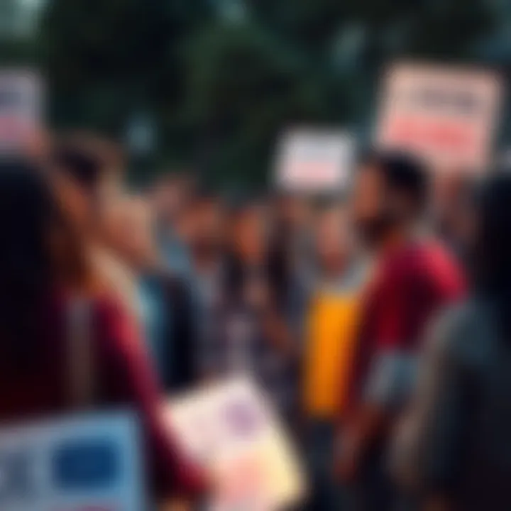 A group of diverse people discussing the Confederate degree controversy outdoors, showing mixed reactions and political signs.