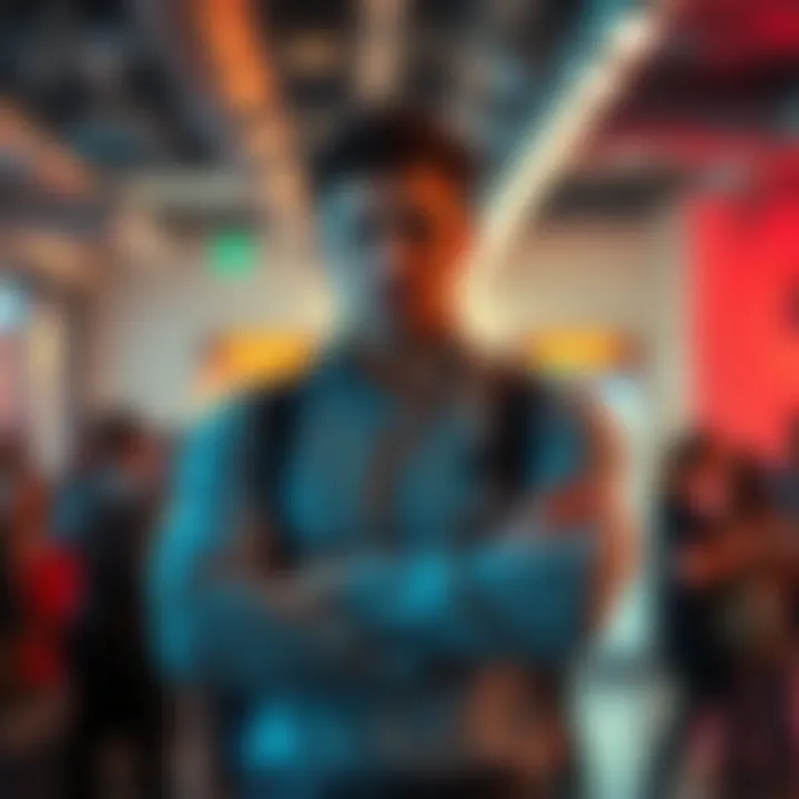 A confident individual stands tall with arms crossed, exuding an intimidating aura in a social setting.