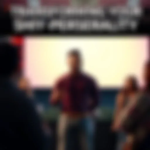Confident Person Speaking to Group A person overcoming shyness stands confidently in front of a group, sharing their story of transformation.