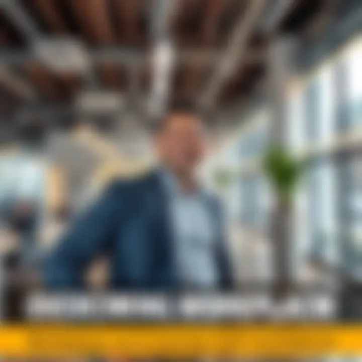 Person standing confidently in a new workplace Individual smiling and looking confident in a modern office setting, symbolizing overcoming workplace challenges and building self-esteem