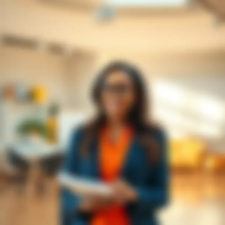 A teacher reflects on their job interview, showing confidence and a smile, holding a notebook in a bright room.