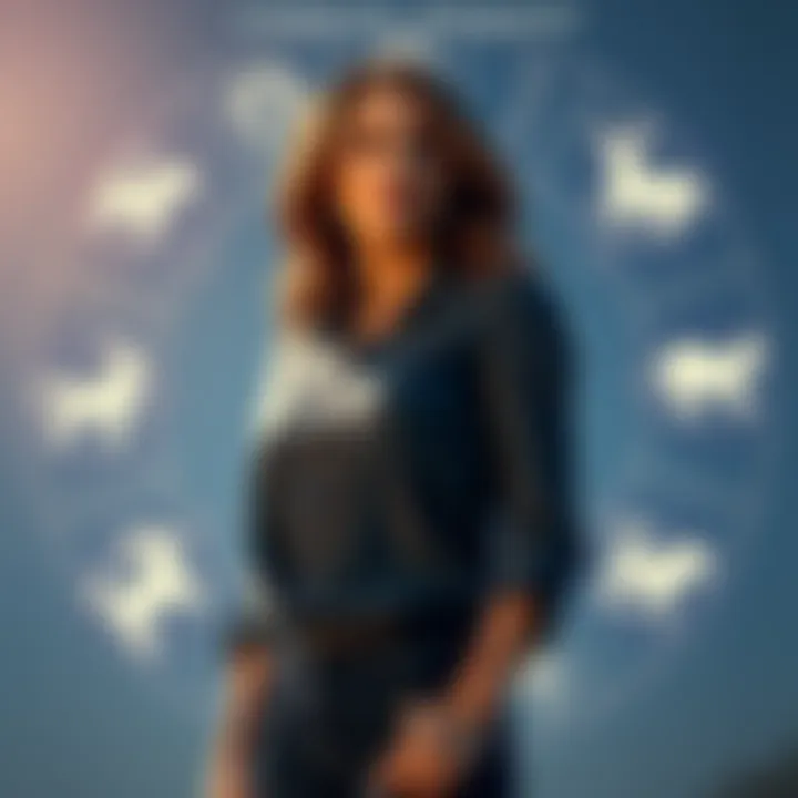 A confident woman standing tall with zodiac signs around her, representing different male reactions to dominant partners.