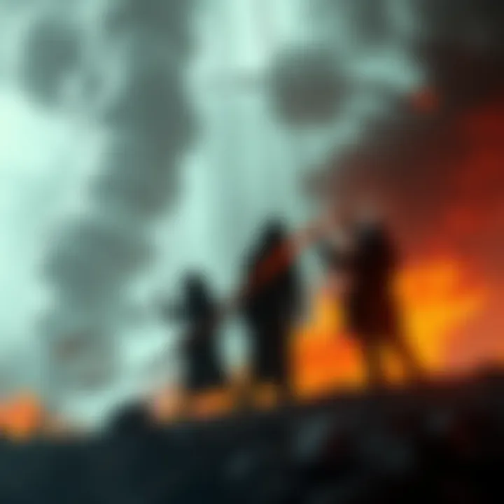 A group of shadowy figures manipulating strings attached to a chaotic scene, symbolizing control over public narratives during a conflict.
