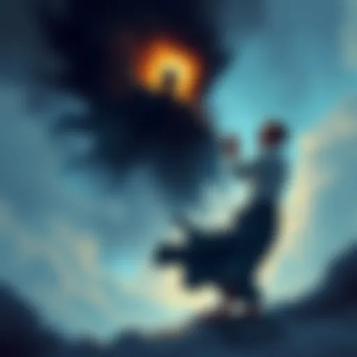 An illustration showing a figure representing individuality struggling against a shadowy figure symbolizing a higher power, set against a dream-like background.