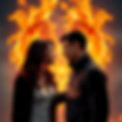 A couple arguing with a backdrop of intertwined flames, symbolizing the intensity of twin flame connections.