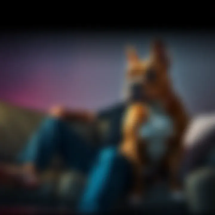 A person sitting on a couch, looking pensive, with a fierce-looking pitbull by their side, symbolizing strength and emotional struggle in love.