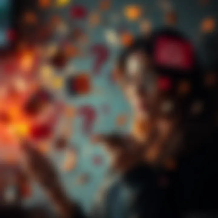 Conflicted Ex-Couples A woman looks thoughtfully at her phone, reflecting on her breakup as chaotic emotions swirl around her, representing her confusion about her Taurus ex's behavior.