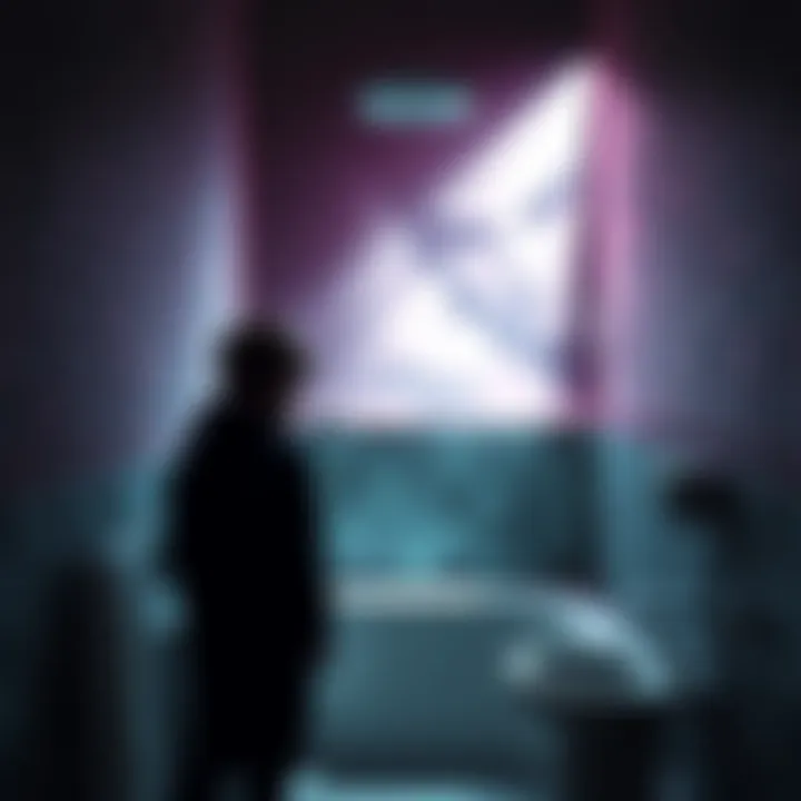A dark bathroom scene with a figure facing a looming shadow, symbolizing a struggle against fear, reflecting a recurring dream theme.