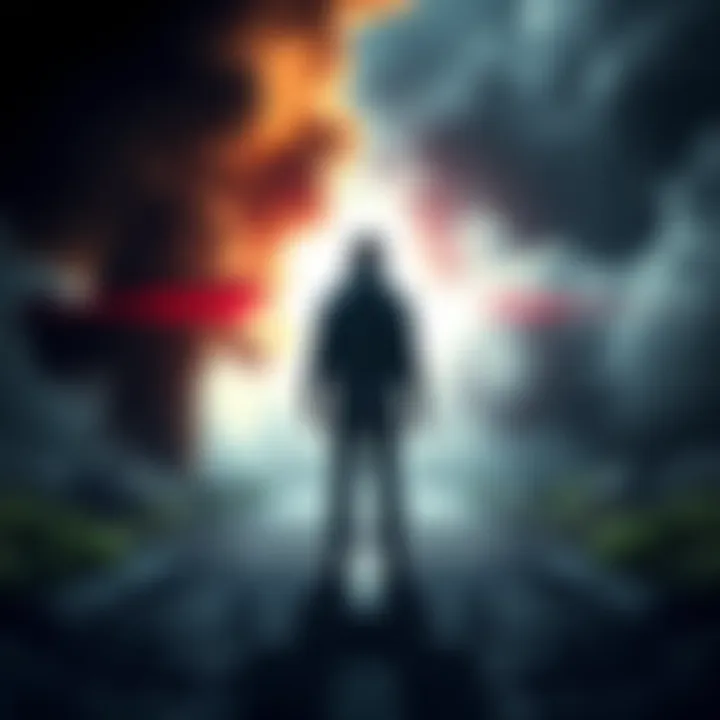 A person stands at a crossroads, contemplating a dark path on one side and a light path on the other, symbolizing the ethical dilemma of choosing between good and evil actions.