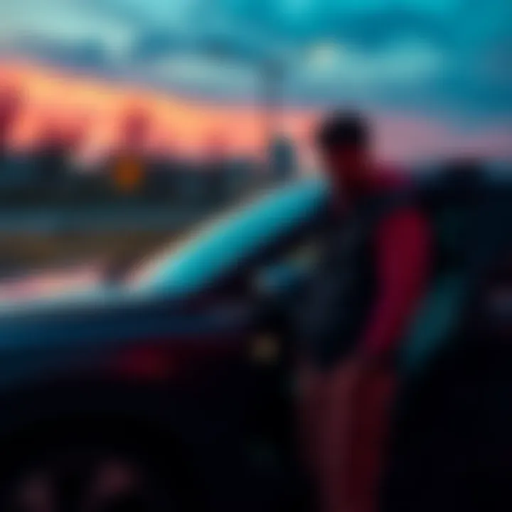 Person standing next to a car looking anxious A person stands beside a parked car showing signs of anxiety as they contemplate driving.