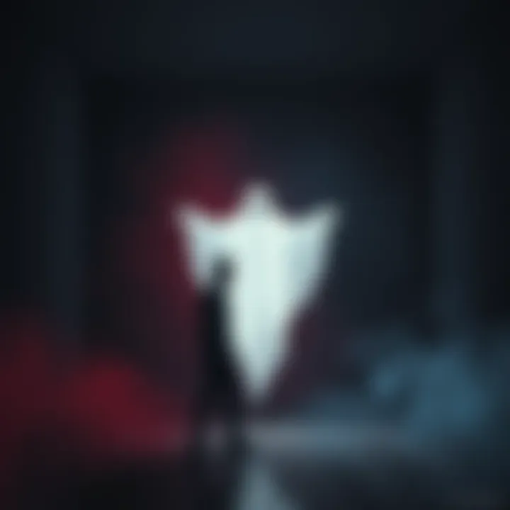 A person standing bravely in a dimly lit room facing a translucent ghostly figure, embodying courage and resilience against fear.