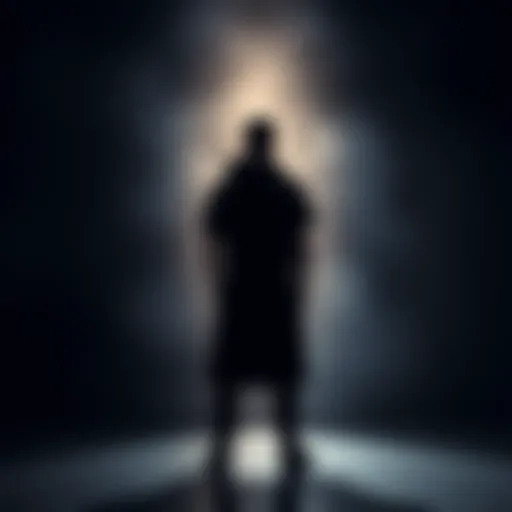 A person standing in front of a dark reflection, symbolizing the struggle to face their inner shadow for personal growth.