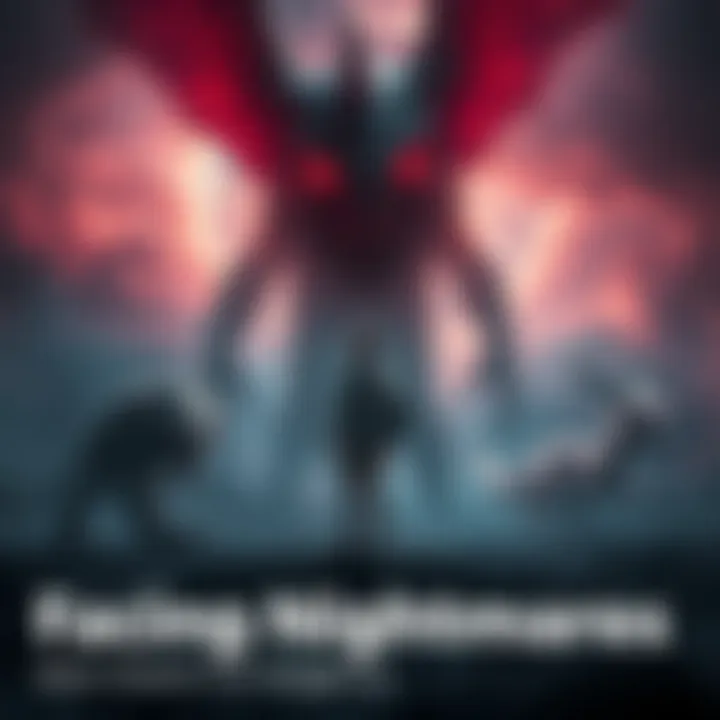 A person stands bravely in a surreal dreamscape, facing both friendly creatures and dark, menacing figures, showcasing the battle between fear and acceptance.