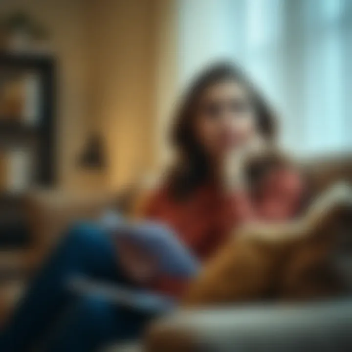 A woman sitting on a couch, looking thoughtful and contemplative about her romantic relationship with an Aquarius man, with a notepad and pen in her hand.