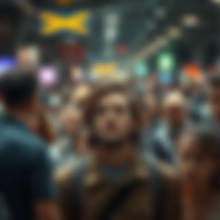 A crowd of people in a busy area, many appearing lost or unaware of their surroundings.