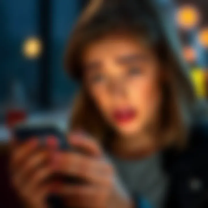 A young woman with a concerned expression staring at her phone, looking upset about mixed signals from a crush on social media.