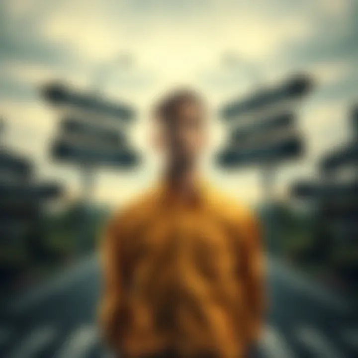 A person standing at a crossroads with a puzzled expression, unsure which way to go, surrounded by signs pointing in different directions.