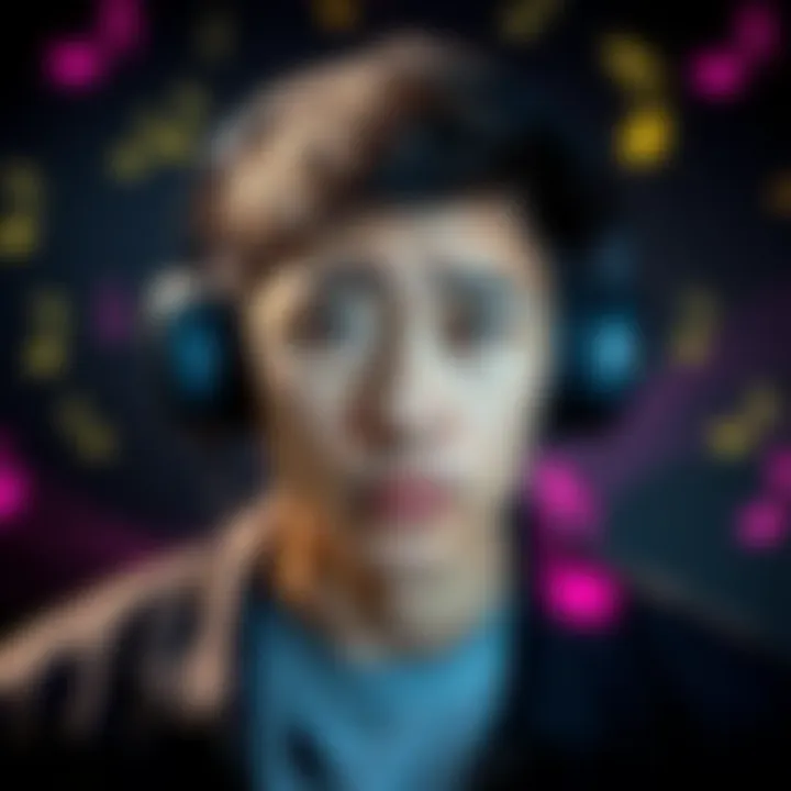 A person looking puzzled while listening to music with headphones, surrounded by notes and symbols representing subliminal messages.