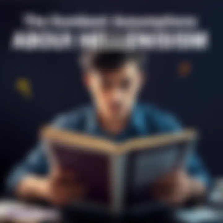 Confused Person Thinking About Hellenism A person looks puzzled while reading a book about Hellenism and Greek mythology, surrounded by notes and questions.