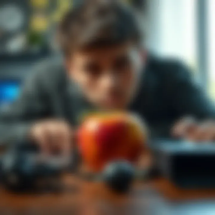 A person with a puzzled expression, staring intently at a shiny apple on a table, surrounded by tech gadgets.