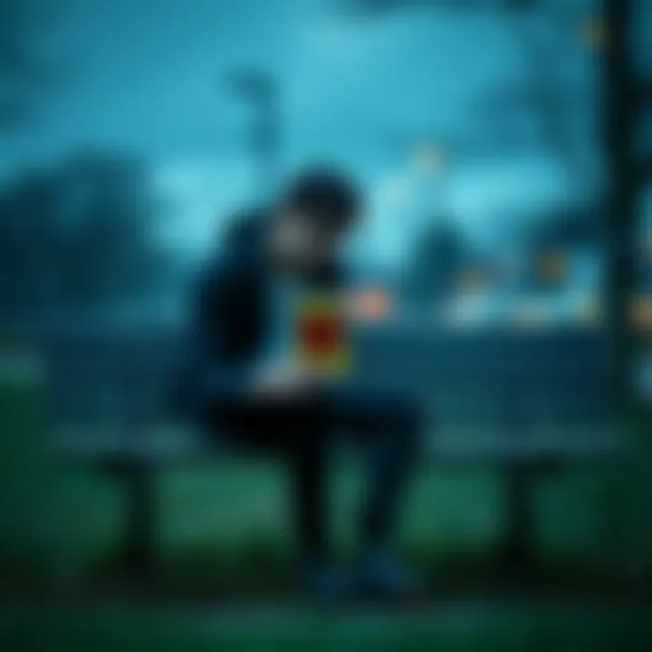A person sitting alone on a park bench, looking contemplative while holding a tarot card with a heart symbol, symbolizing emotional turmoil and uncertainty in relationships.