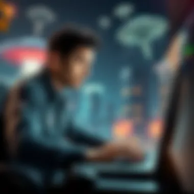 A person looking puzzled while typing on a laptop, surrounded by alien and UFO images. They appear unsure about their comments on the forum.