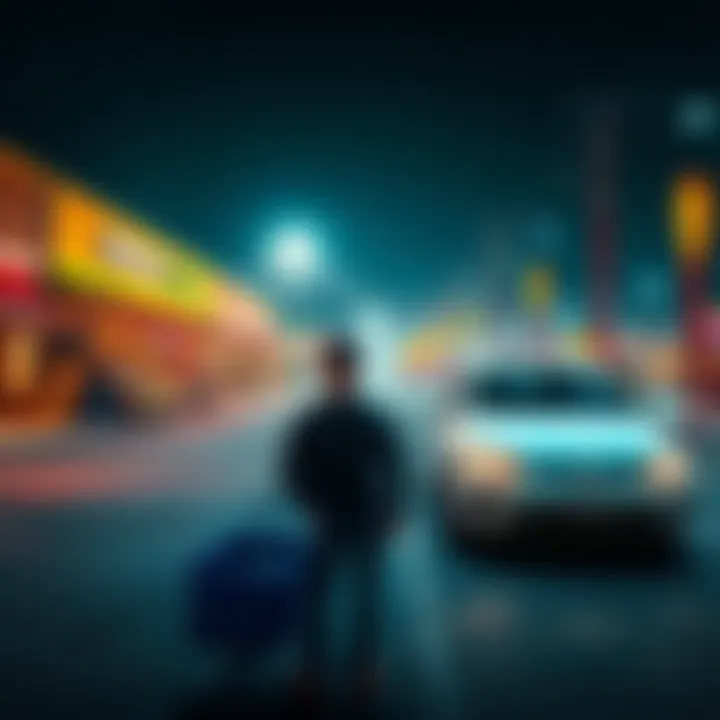 A shopper looks bewildered as they stand next to their car, which is facing the wrong direction in the parking lot of a grocery store.