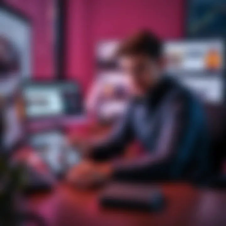 A user sitting at a desk, looking puzzled while using the Expand app on a tablet, with screens showing various app features, including a custom track tool and a question about Gateway Tapes.