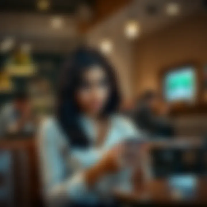 A woman looks puzzled while sitting alone at a coffee shop, her phone in hand, reflecting on a dating situation with two men.