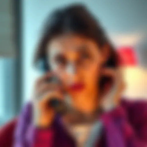 A woman looks puzzled while talking on the phone, surrounded by a sense of uncertainty and tension.