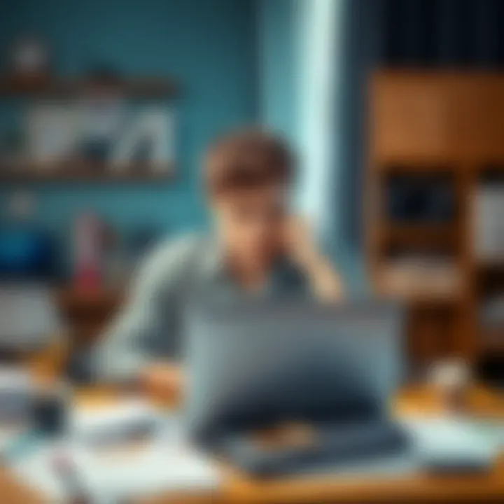 A young adult sitting at a desk with a laptop, looking stressed and uncertain about career choices, surrounded by papers and a coffee cup, symbolizing career confusion.