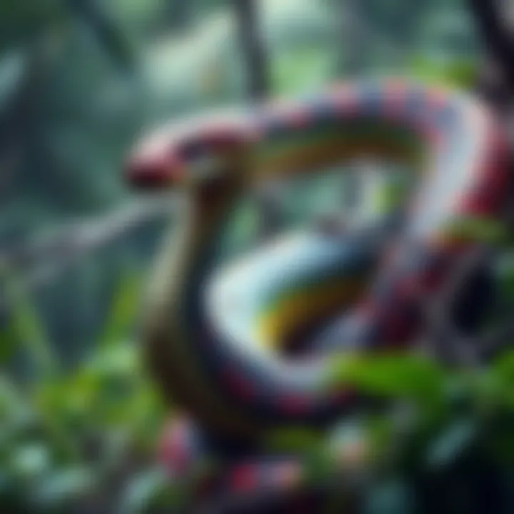 A large 50-foot snake coiled in the jungle, showcasing its vibrant colors