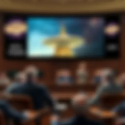 A visual representation of Congress discussing UFO videos, with a focus on transparency and public access issues, showing officials at a hearing with UFO footage in the background.