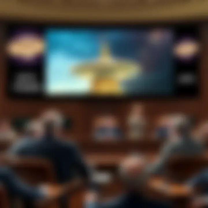 A visual representation of Congress discussing UFO videos, with a focus on transparency and public access issues, showing officials at a hearing with UFO footage in the background.