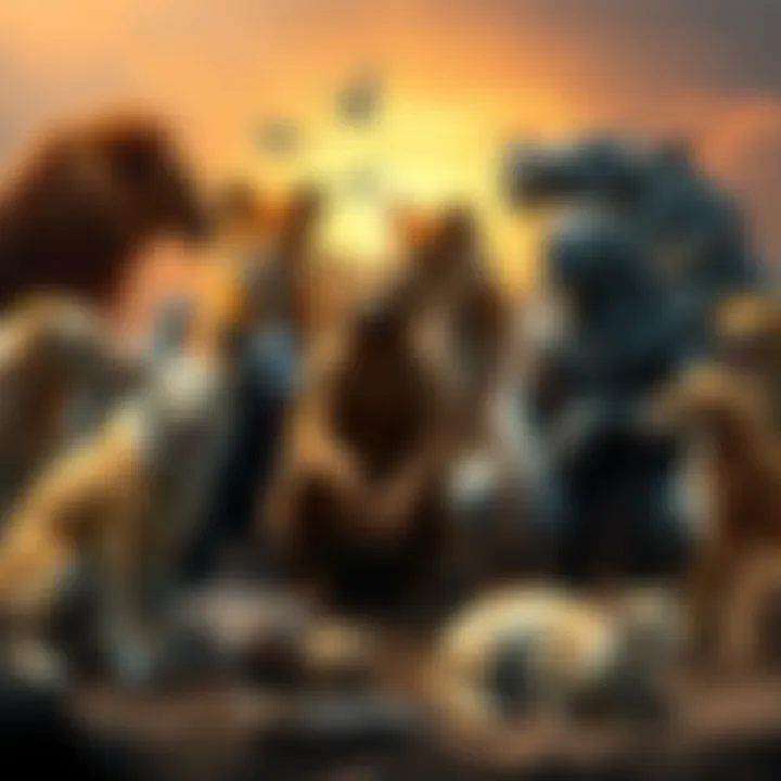 Various animals and humans sitting together in harmony, symbolizing shared spiritual connections and respect for all life forms.