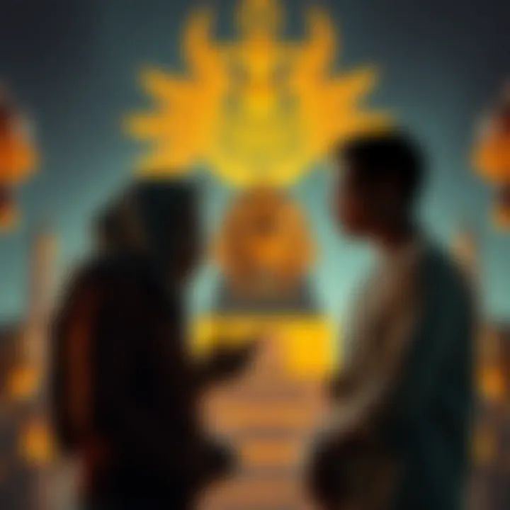 Two people discussing Kemetism with symbols of ancient Egypt visible in the background