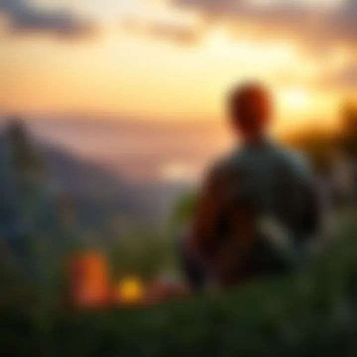 A serene scene showing a person sitting quietly in nature, gazing at a candle with a photo of a deceased loved one nearby, symbolizing communication with the past.