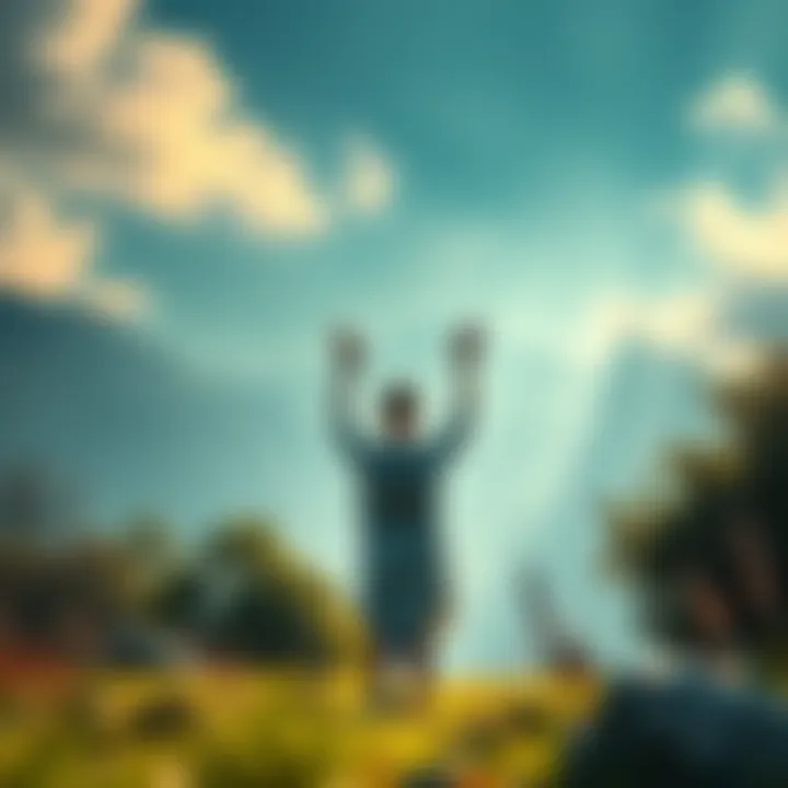 A person standing in a serene natural setting with hands raised, showing respect and connection to divine forces