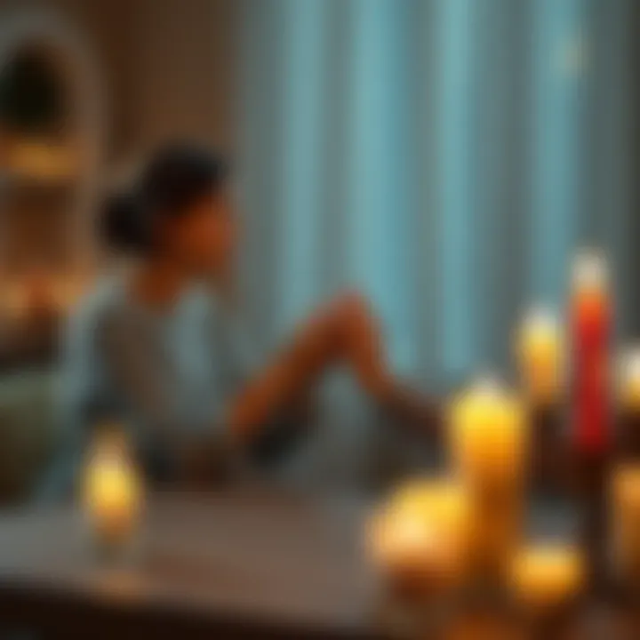 Connecting with a Medium A woman sits at a table with a medium, holding hands as she seeks to connect with her deceased mother, surrounded by candles and a warm glow.