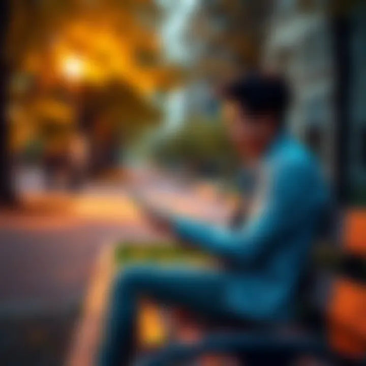 A person sitting on a park bench, looking at their phone while smiling, symbolizing connection and support during loneliness.