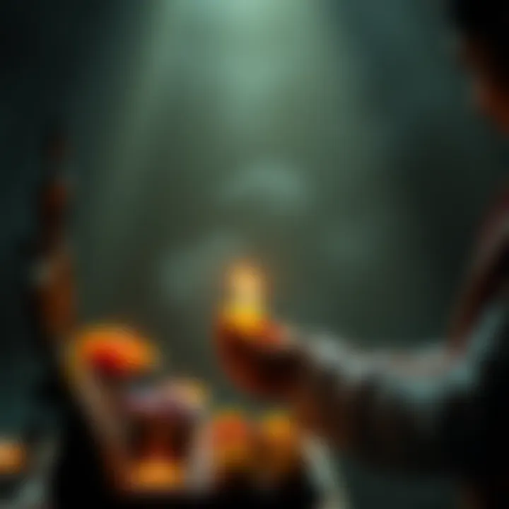 Person lighting a candle and arranging flowers on an altar dedicated to Pombagira, reflecting a deep bond and connection.