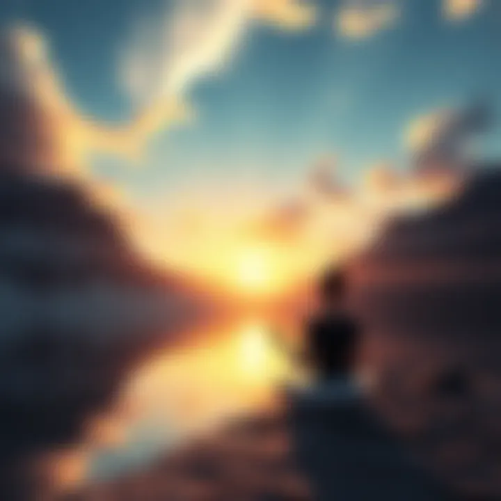 A serene landscape featuring a person meditating near a calm lake at sunrise, symbolizing a connection with the divine.