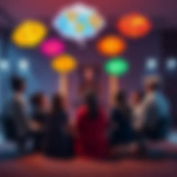 A group of diverse individuals sitting in a circle, engaging in a discussion about tulpas and their role in shifting communities, with colorful thought bubbles depicting fictional worlds above their h...