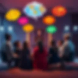 Connecting with Tulpas A group of diverse individuals sitting in a circle, engaging in a discussion about tulpas and their role in shifting communities, with colorful thought bubbles depicting fictional worlds above their h...