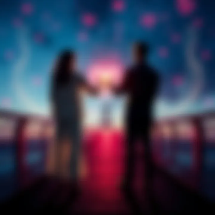 Two individuals standing on a bridge, reaching out to each other with glowing energy between them, symbolizing a telepathic bond transitioning to a physical connection.